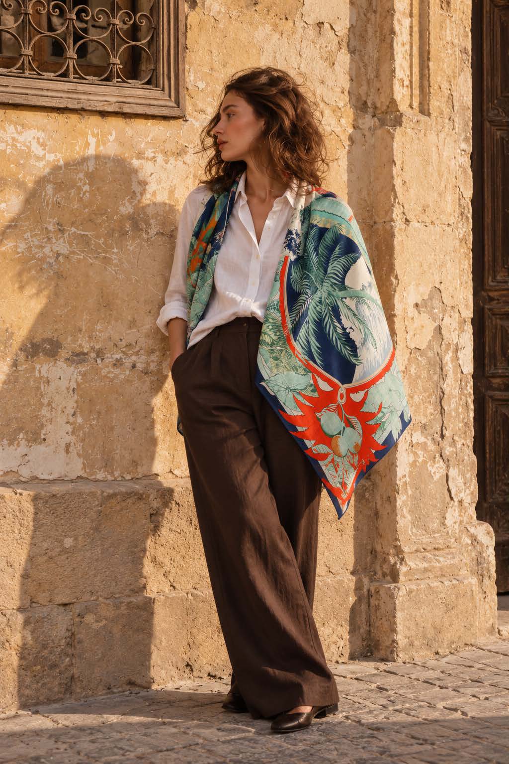 Palm Wave on a model against a stone wall