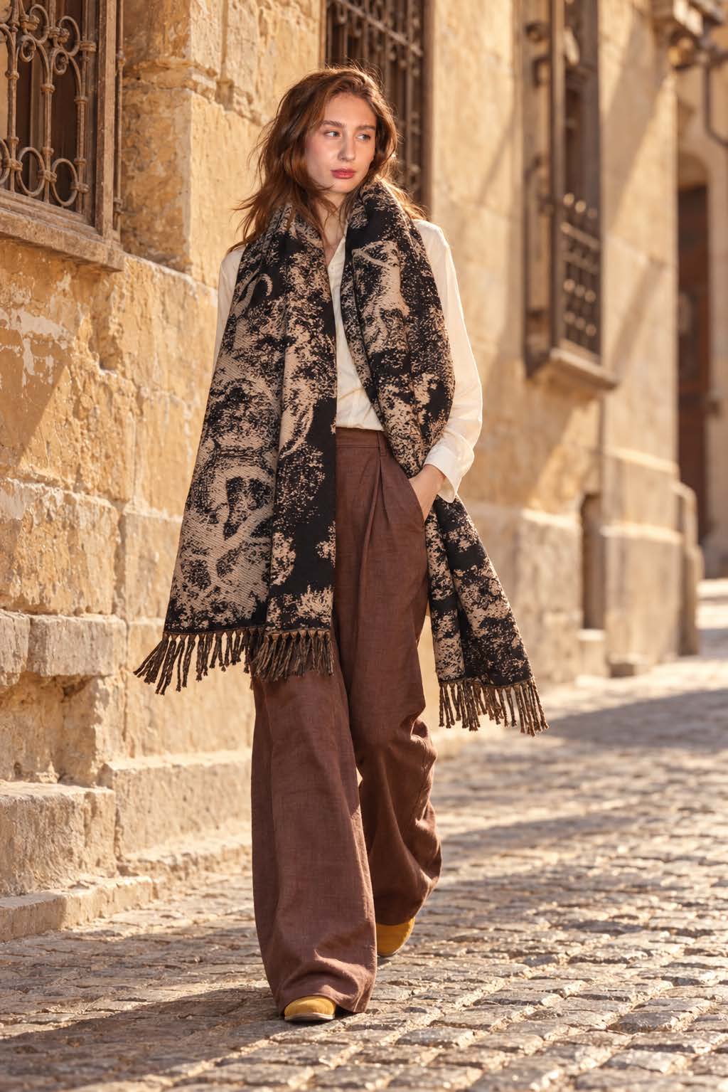Toile Noir wrap on a model in the street